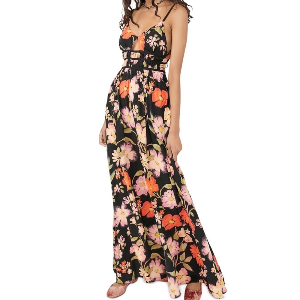 Free People Wisteria Black Floral Maxi Dress open back small S P adjustable